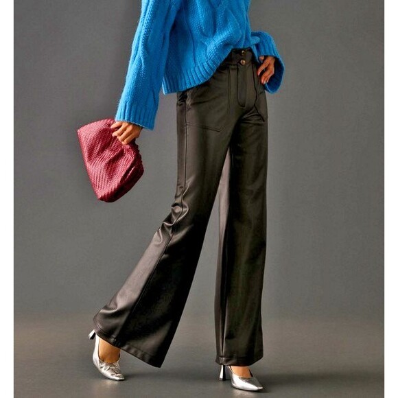 Anthropologie Maeve Naomi Wide Leg Flare Faux Leather Pants Black High Rise Sz 6 - Picture 5 of 8